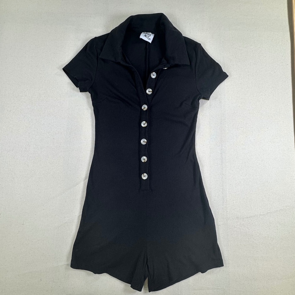 Princess Polly Black Ribbed Short Sleeve Button Front Collared Romper XXS
